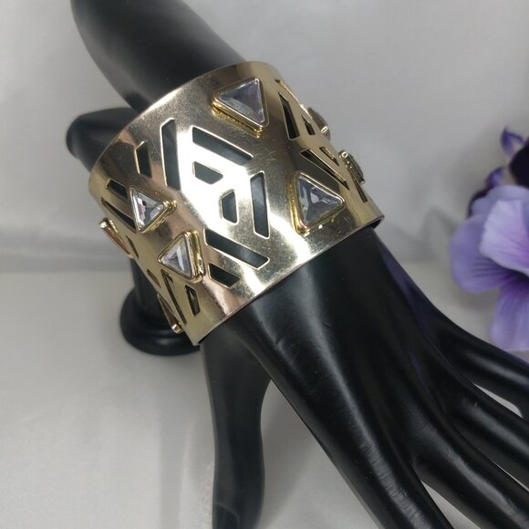 Gold Tone Wide Cuff Bracelet Geometric Cutouts Rhinestones Shiny Bold Like New - Picture 1 of 7